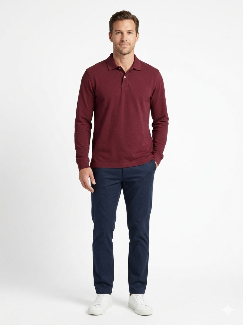 L.L. Bean Men’s Long Sleeve Polo Shirt Traditional Fit Maroon Red Cotton Size S